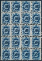 1874 Távírda Réznyomat 50kr húszastömb, 1 bélyegen papírránc / Mi 16 block of 20, one stamp with paper crease