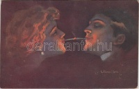 Italian art postcard, Romantic couple, cigarette s: Usabal